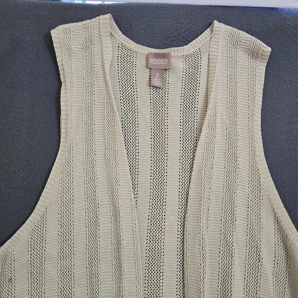 Chico's Women 2 Tan Crochet Sleeveless Cardigan Vest Rope Tie Front - Picture 3 of 12